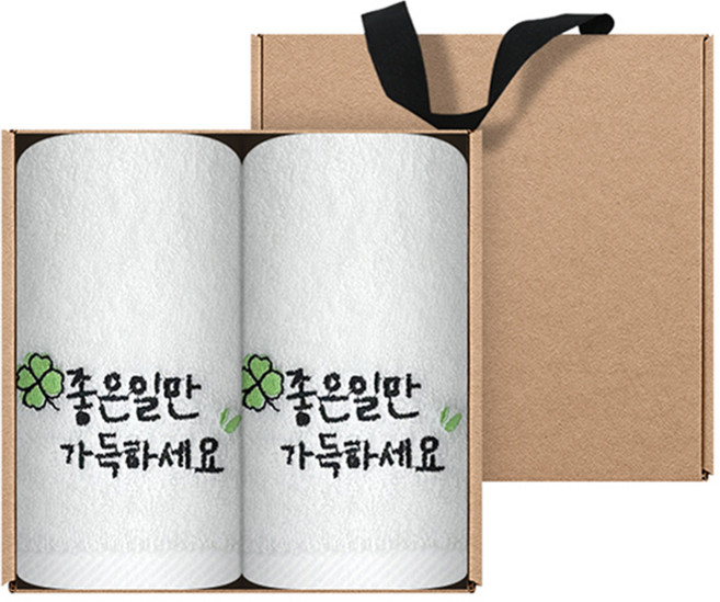 송월타월 행운 응원 좋은일 클로버 자수 세면 타월 150g 30수 면사 2p + 크라프트 선물박스 세트, 아이보리, 1세트