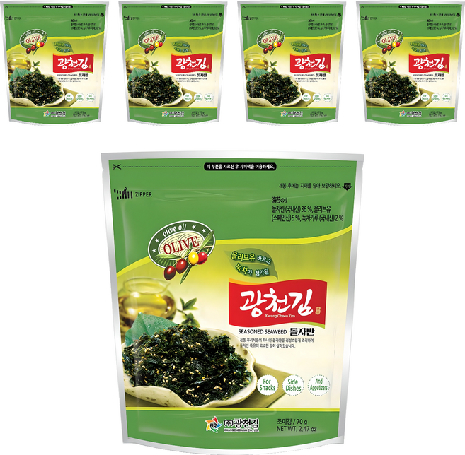 광천김 올리브 녹차 돌자반, 70g, 5개
