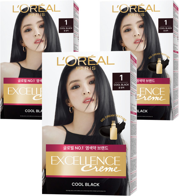 로레알파리 엑셀랑스 크림 염모제, 1호 쿨 블랙, 3개