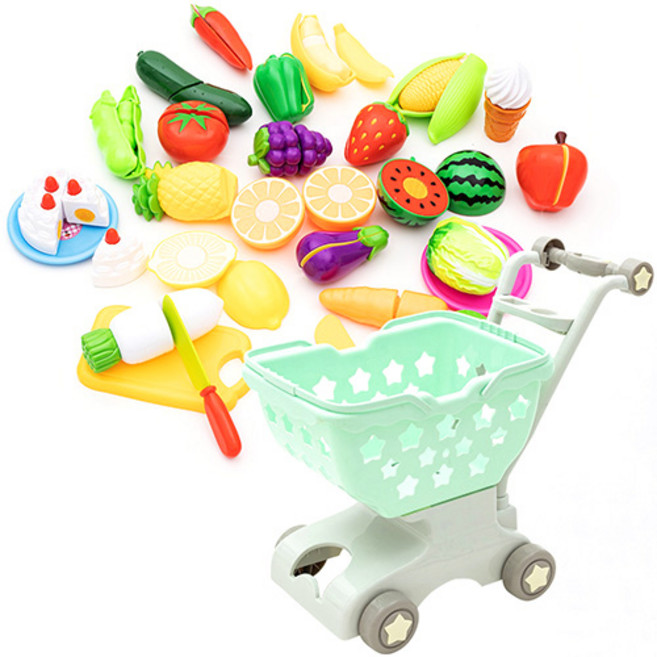 플레이맥스 바구니 분리형 멜로디 쇼핑카트 + 과일 자르기 세트, 민트, 1개