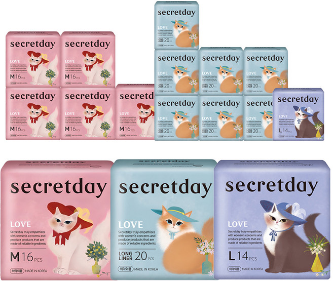 시크릿데이 러브 생리대 날개형 중형 16p x 3팩 + 대형 14p x 1팩 + 롱 팬티라이너 20p x 4팩, 2세트