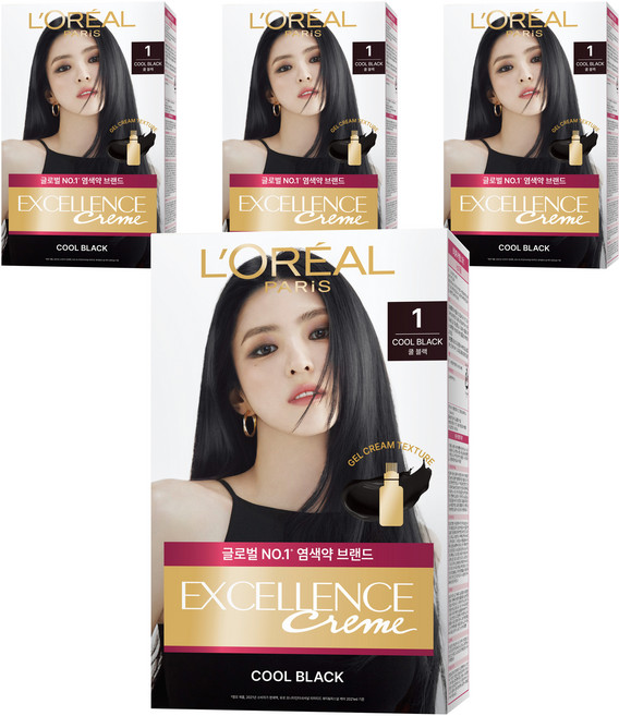 로레알파리 엑셀랑스 크림 염모제, 1호 쿨 블랙, 4개