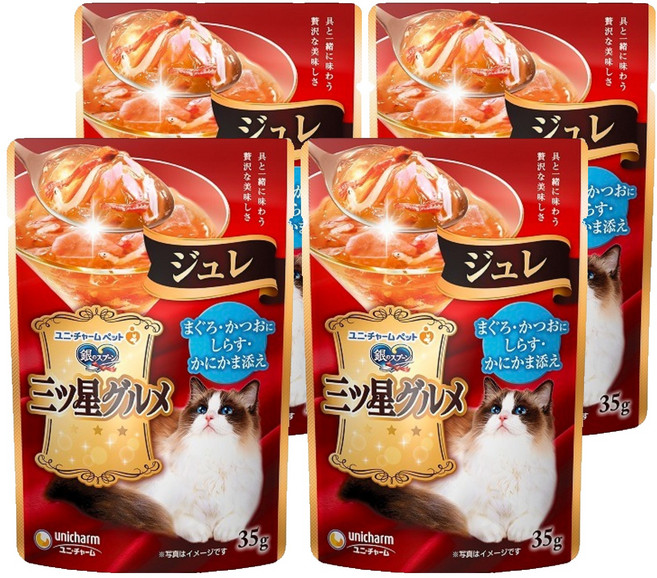 유니참긴노스푼 고양이 미쓰보시 구루메 쥬레 간식, 혼합맛(참치/가다랑어/멸치/게맛살), 35g, 4개