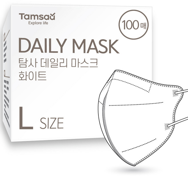 탐사 국내생산 데일리 컬러 마스크 새부리형 대형 (슬림핏), 100개입, 화이트, 1개