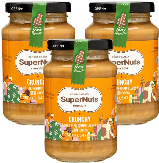 슈퍼너츠 100% 땅콩버터 크런치, 260g, 3개