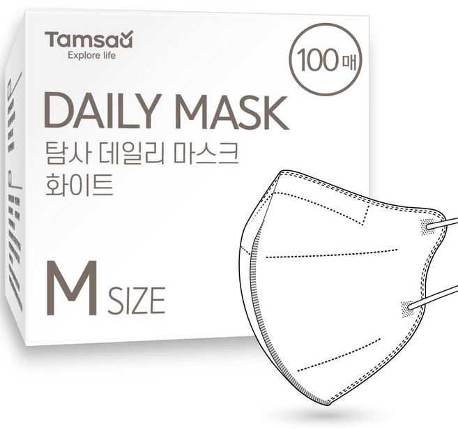 탐사 국내생산 데일리 컬러 마스크 새부리형 중형 (슬림핏), 화이트, 100개입, 1개