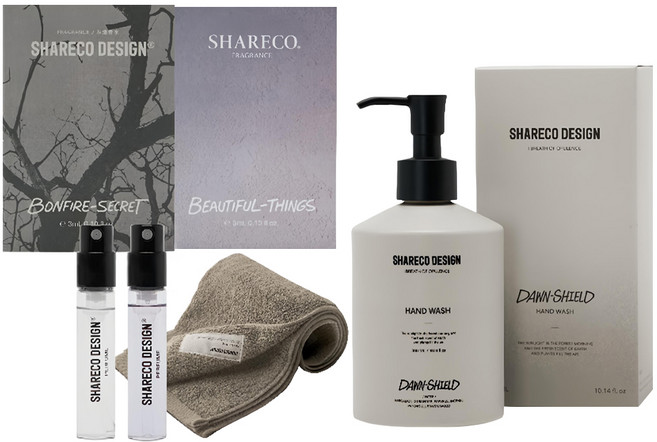 SHARECO 台灣公司貨 生活香氣入門組 灰燼 + 無瑕小香水 + 昕洗手露 + 淺棕純棉短浴巾, 1套