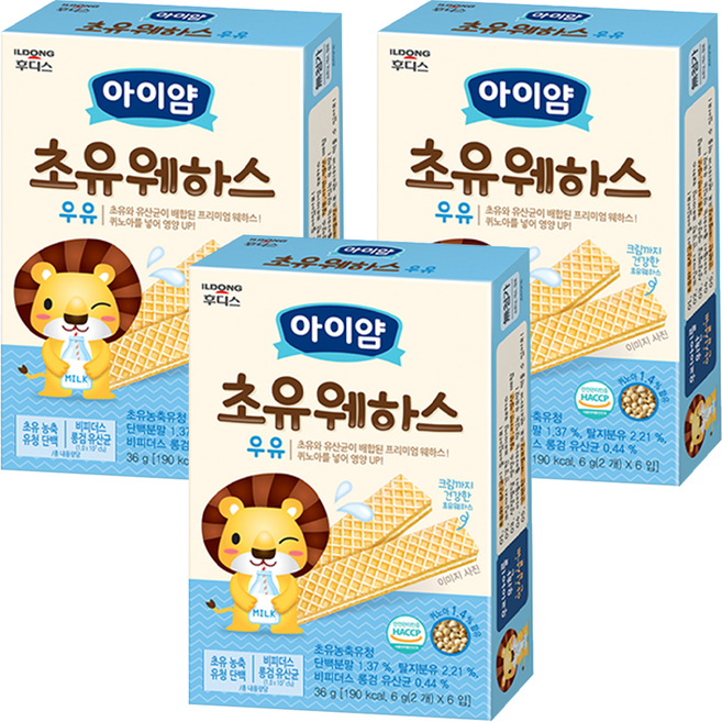 ILDONG 日東 Iyaam 藜麥威化餅 1歲以上 6入, 初乳牛奶, 36g, 3盒