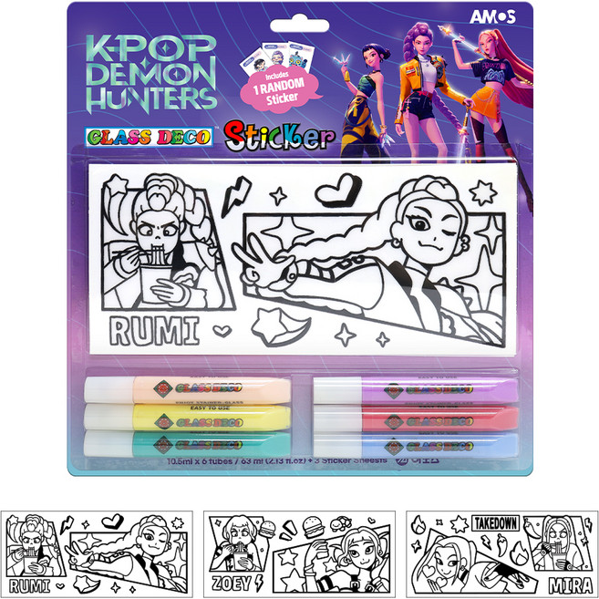아모스 케이팝 데몬 헌터스 헌트릭스 글라스데코 10.5ml x 6종 + 씰 스티커 + 스티커 3p 세트, 혼합색상(데코,스티커), 랜덤발송(씰스티커), 1세트
