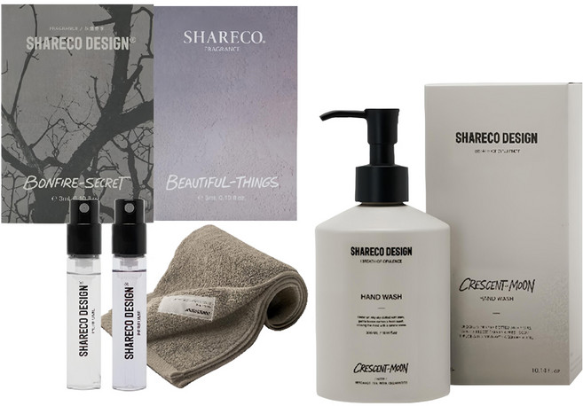 SHARECO 台灣公司貨 生活香氣入門組 灰燼 + 無瑕小香水 + 茗洗手露 + 淺棕純棉短浴巾, 1套