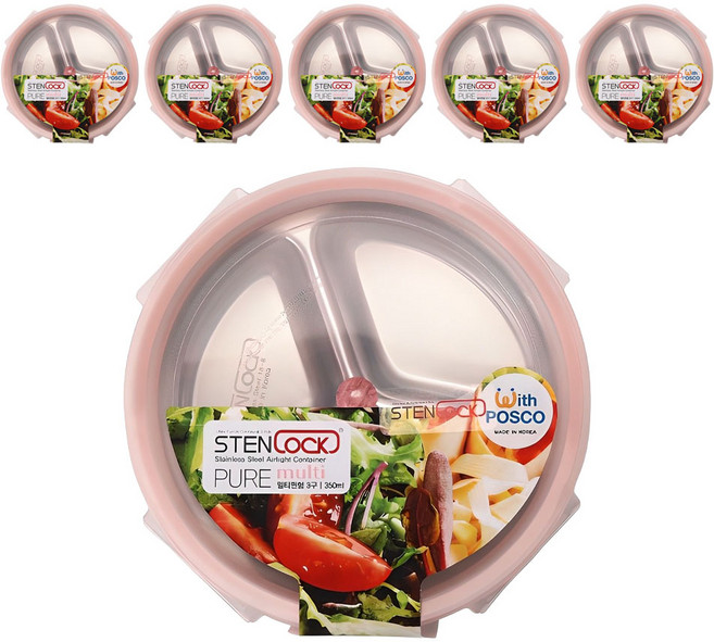 스텐락 퓨어 멀티 원형 2호 밀폐용기 3구 350ml, 6개, 단품