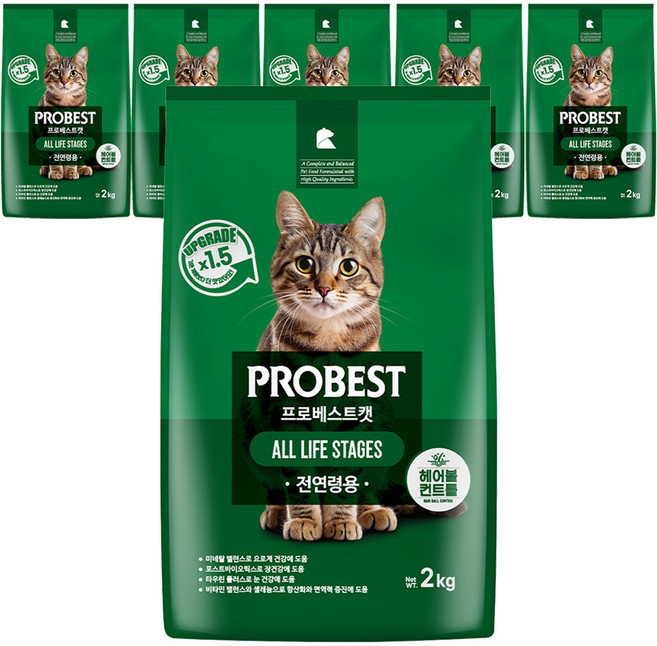 프로베스트 고양이 그린 전연령 기능성 사료, 헤어볼+장건강, 2kg, 6개