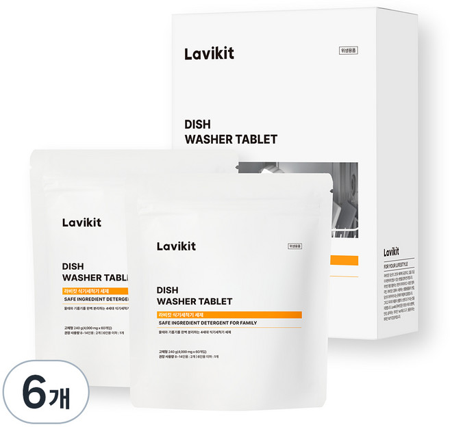 라비킷 식기세척기 세제 고체형 60정, 240g, 6개