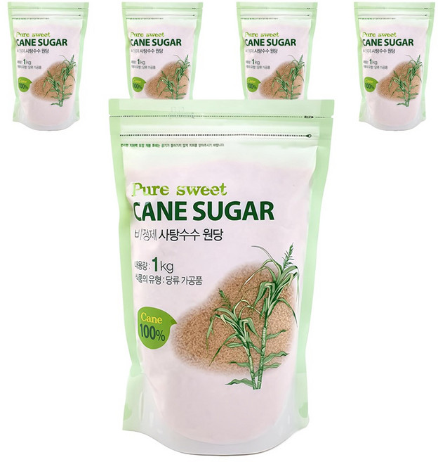 캐인슈가 비정제 사탕수수 원당, 1kg, 5개