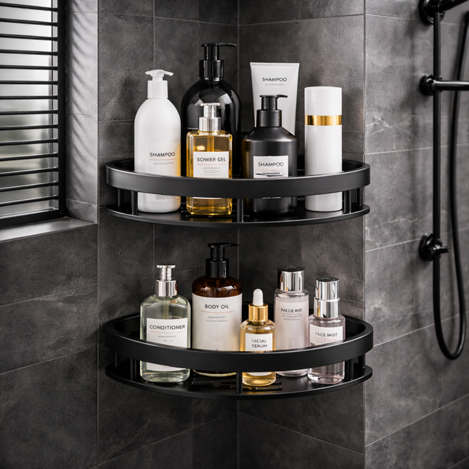 쉐리엘 고급 알루미늄 무타공 욕실 정리선반 코너, 블랙, 2개