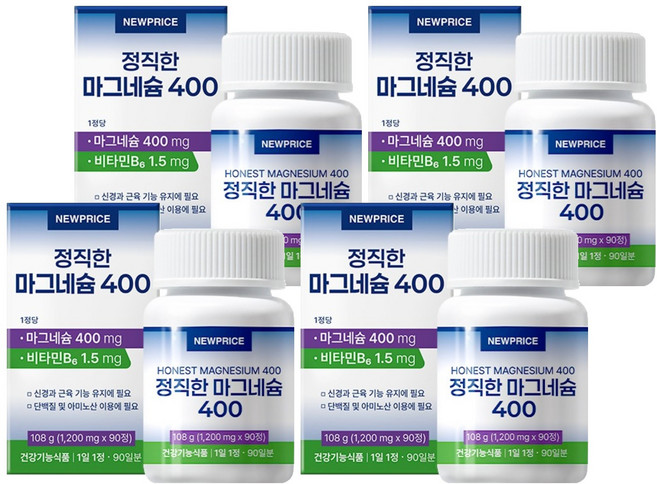 뉴프라이스 정직한 마그네슘 400 108g, 4개, 90정