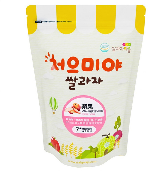 Ssalgwaja 米餅村 糙米圈圈 7個月以上適用 非油炸 無添加鹽/糖, 蘋果, 50g, 1包