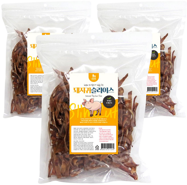 웁스 강아지 국내산 슬라이스 슬림컷 간식, 돼지귀, 500g, 3개