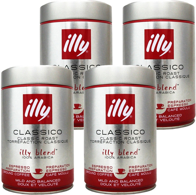 illy 意利 中烘培濾泡咖啡粉 250g 口感醇厚 香氣濃郁 100%阿拉比卡咖啡豆, 4罐, 研磨咖啡粉