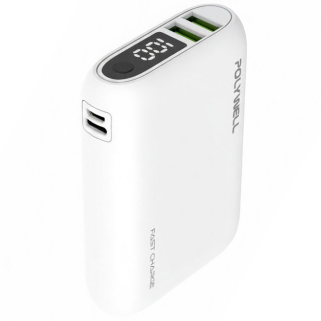 POLYWELL 寶利威爾 行動電源 10000mAh 雙USB + Type-C, PW15-T16-A003, 白色