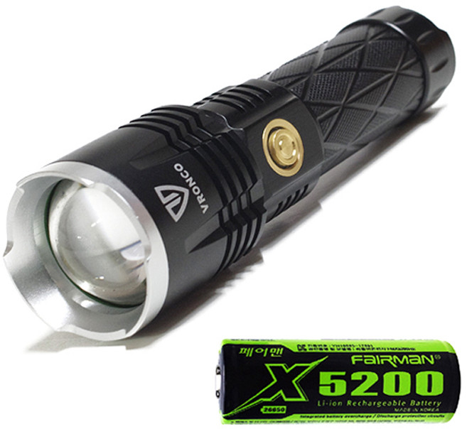 브론코 LED 후레쉬 손전등 충전식 줌라이트 XHP90+배터리 26650, 블랙, 1세트