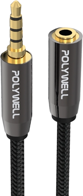 POLYWELL 寶利威爾 公對母 3.5mm 立體聲音源延長線, PW15-W52-B122, 黑色, 1條