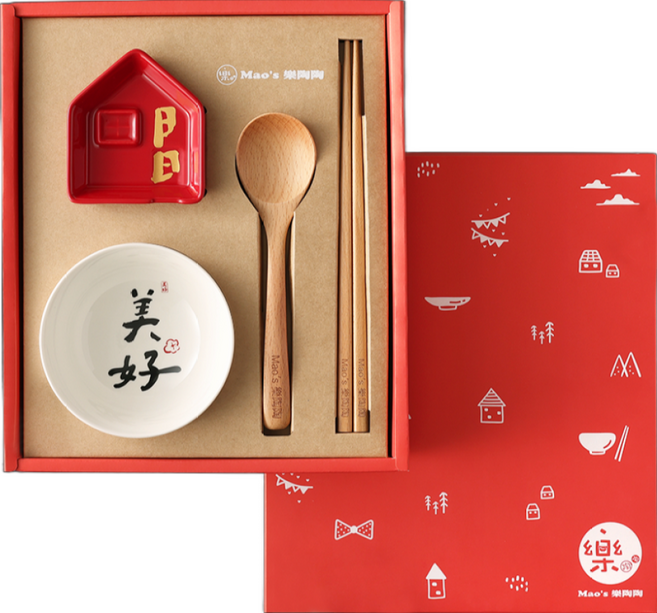 Mao's 樂陶陶 日日祝福 日日美好獨享禮盒, 多色, 碗 + 醬油碟 + 筷子 + 湯匙 + 包裝盒, 1組