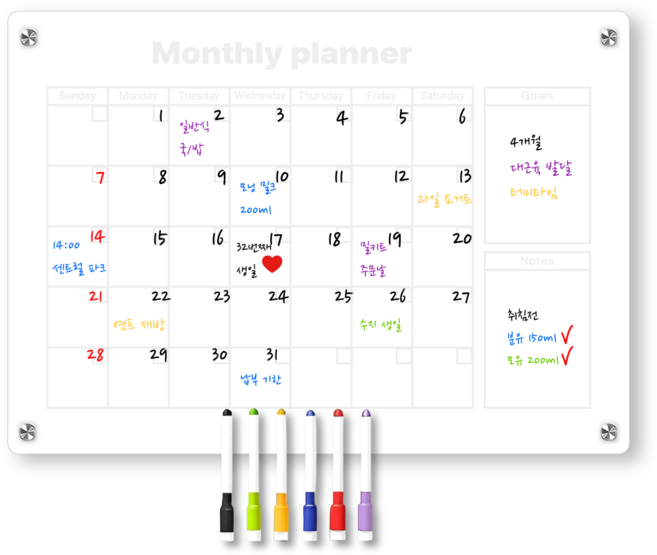 오비크 냉장고 투명 자석 메모 보드+펜6개+지우개 세트, 아크릴