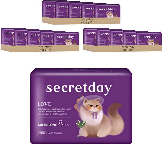secretday 韓國原裝進口 Love系列 蝶翼衛生棉, 夜用加長型(43cm), 8片, 15包