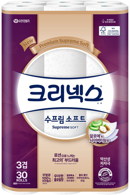크리넥스 수프림 소프트 천연펄프 3겹 화장지, 27m, 30롤, 1개
