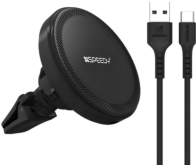 스피디 차량용 허리케인 맥세이프 고속 무선 충전 거치대 SPE-MCW1000 + C타입 케이블, 블랙
