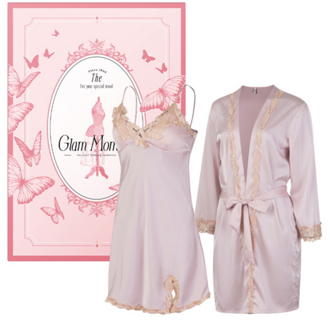 Glam Moment 盒裝升級版 女性可拆卸胸墊迷你細肩帶睡裙 + 睡袍套組