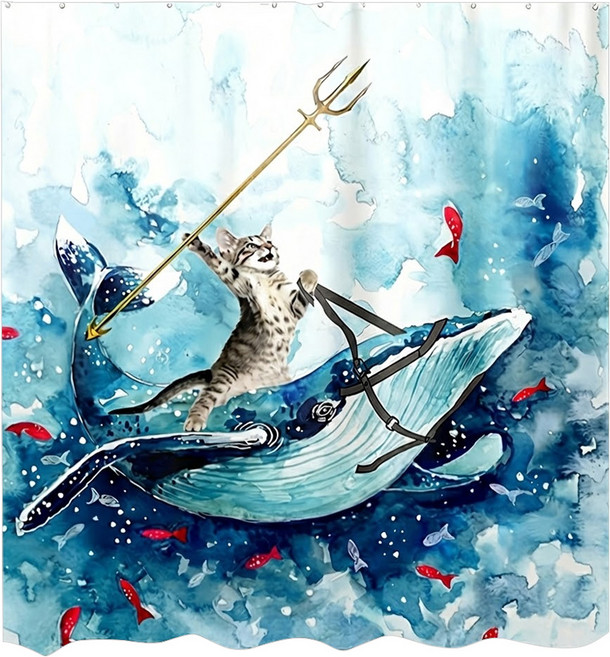 半島良品 不透光防霉防水浴簾 附掛勾, 貓貓鯨魚, 1個