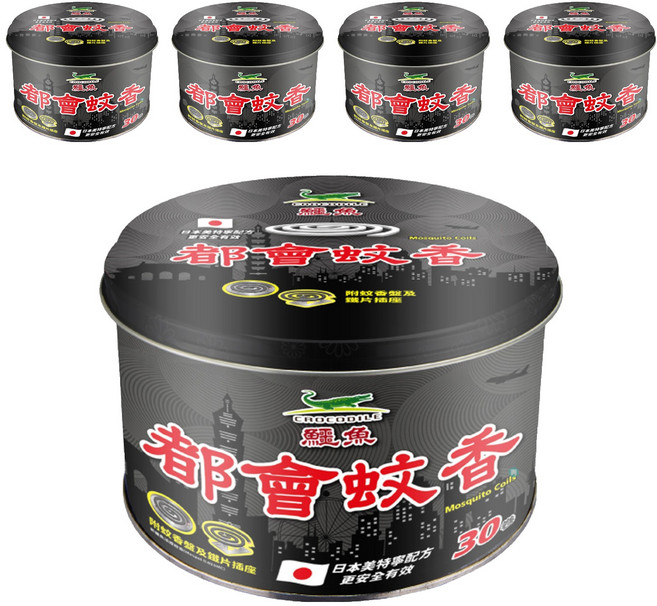 鱷魚 淡煙蚊香鐵罐 30卷 附蚊香盤及鐵片插座, 450g, 5罐