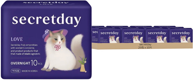 secretday 韓國原裝進口 Love系列 蝶翼衛生棉, 夜用型(36cm), 10片, 25包