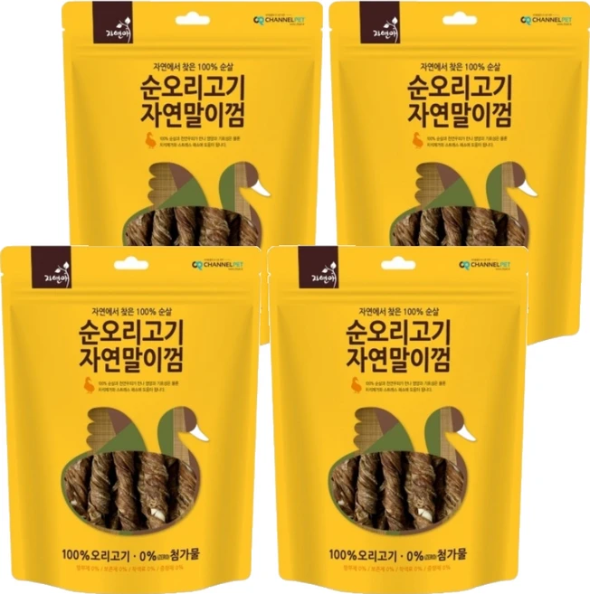 자연애채널펫 강아지 자연말이껌 건조간식, 오리고기맛, 200g, 4개 - 쿠팡