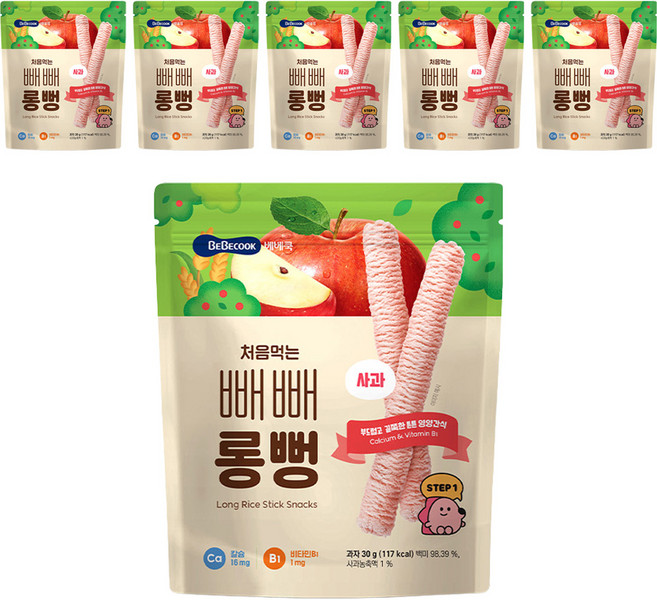 베베쿡 처음먹는 빼빼롱뻥 과자, 사과, 30g, 6개