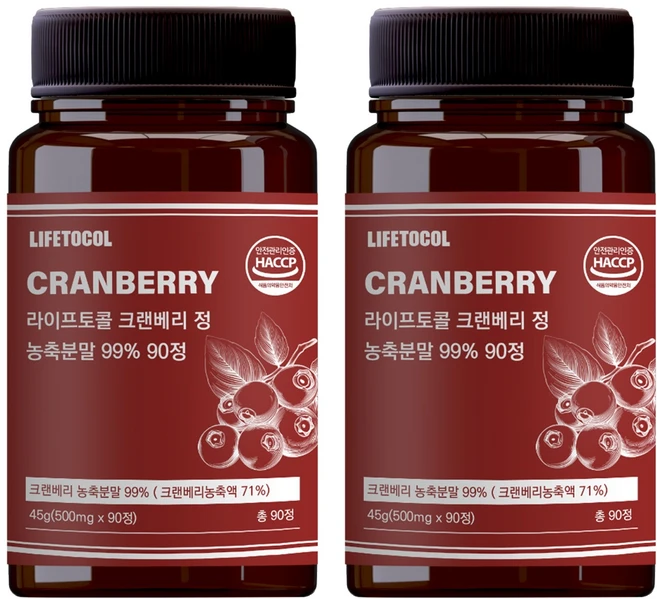 라이프토콜 크랜베리 정 농축분말 99% 45g, 90정, 2개 - 쿠팡