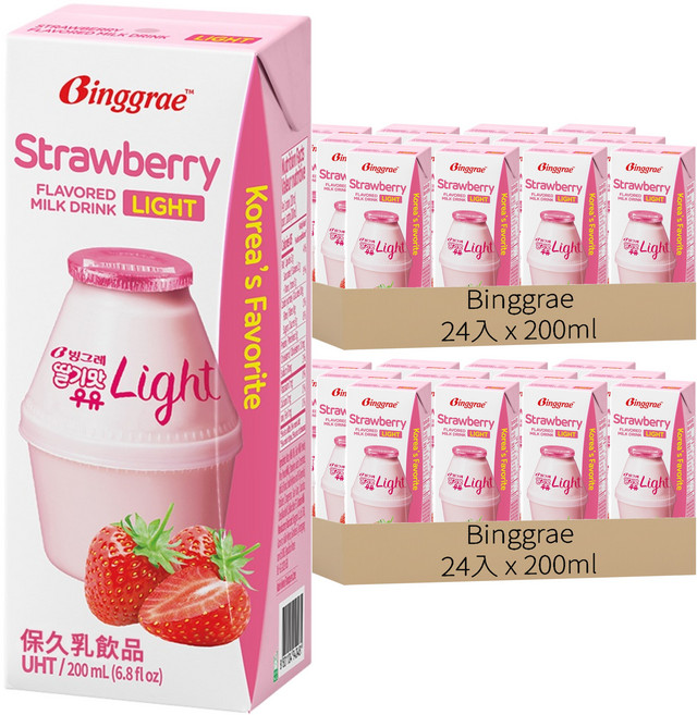 Binggrae light 草莓風味保久乳飲品, 200ml, 48入