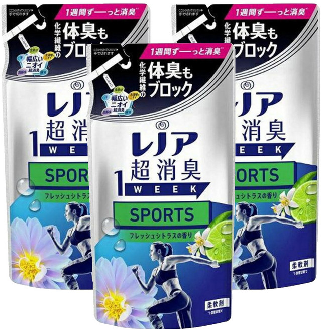 Lenor 蘭諾 日本原裝進口 1WEEK 超強除臭衣物柔軟精補充包 運動服專用, 380ml, 3包
