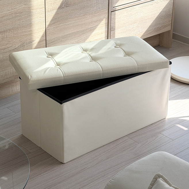 마메 접이식 다용도 인조가죽 수납 의자 스툴, 베이지, 1개