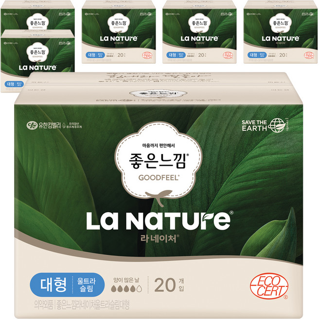 라네이처 좋은느낌 네이처백 울트라슬림 생리대 날개형, 대형, 20개입, 6개