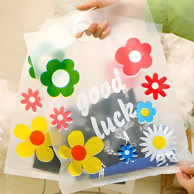 플라워 디자인 선물용 손잡이 비닐 쇼핑백 01 소형, 혼합색상, 50개