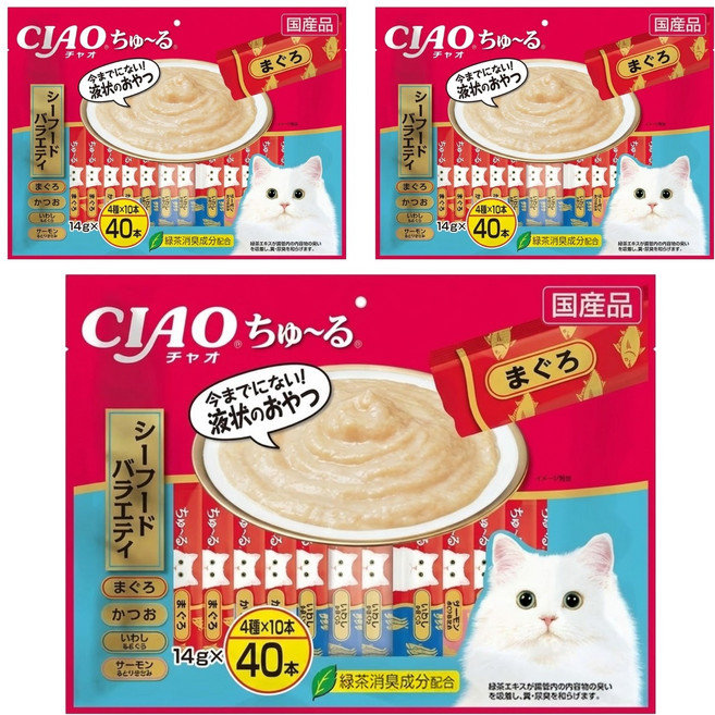INABA CIAO 啾嚕 肉泥, 鮪魚、鰹魚、鮪魚 + 丁香魚、雞肉 + 鮭魚, 560g, 3袋