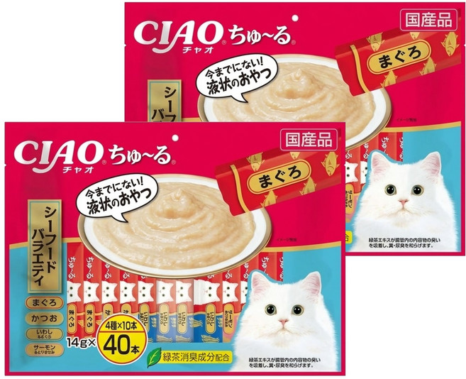 INABA CIAO 啾嚕 肉泥, 鮪魚、鰹魚、鮪魚 + 丁香魚、雞肉 + 鮭魚, 560g, 2袋
