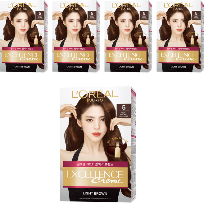 로레알파리 엑셀랑스 크림 빗캡으로 간편한 새치염색 염모제, 5호 라이트 브라운, 5개