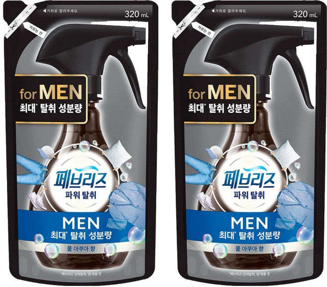 페브리즈 섬유 탈취제 맨 쿨 아쿠아향 리필, 320ml, 2개