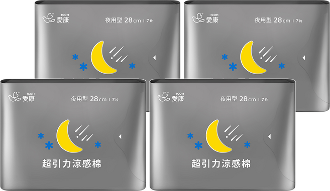 icon 愛康 超引力涼感衛生棉, 夜用型(28cm), 7片, 4包