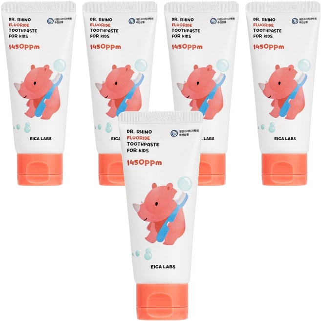 에이카랩스 고불소 빨간 코뿔소 어린이 치약 사과향 1450ppm, 60g, 5개 - 쿠팡