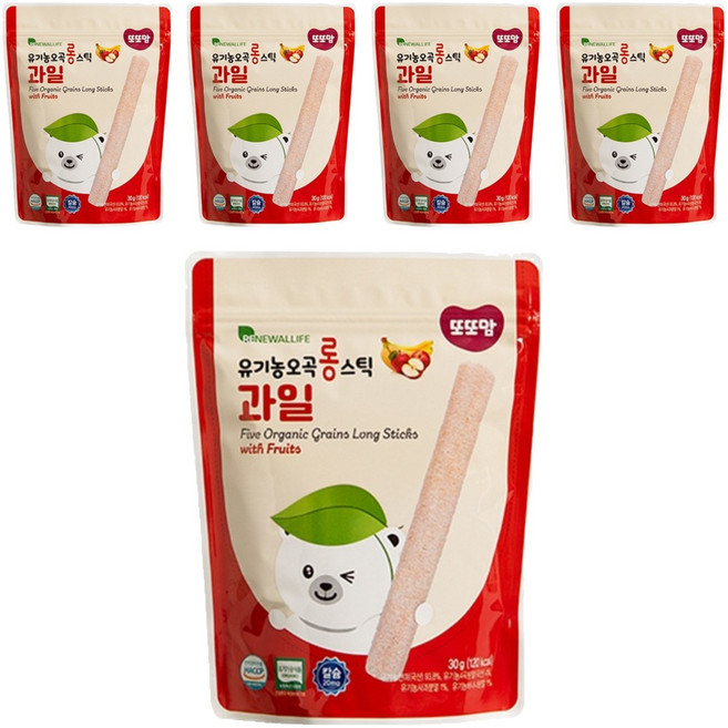 또또맘 유아용 유기농 오곡 롱 스틱 과자, 과일맛, 30g, 5개